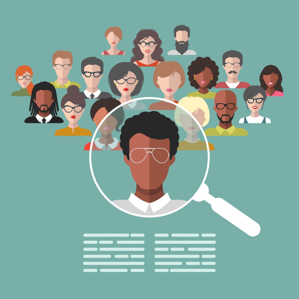 Vector concept of human resources management, professional staff research, head hunter job with magnifying glass. HR illustration in flat style. Male and female faces app icons.